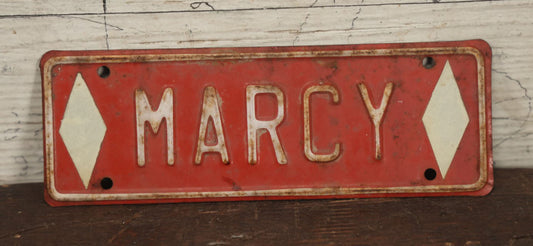 Lot 111 - Vintage Pressed Metal Bicycle License Name Plate "Marcy" In Red With With White Lettering, White Diamonds