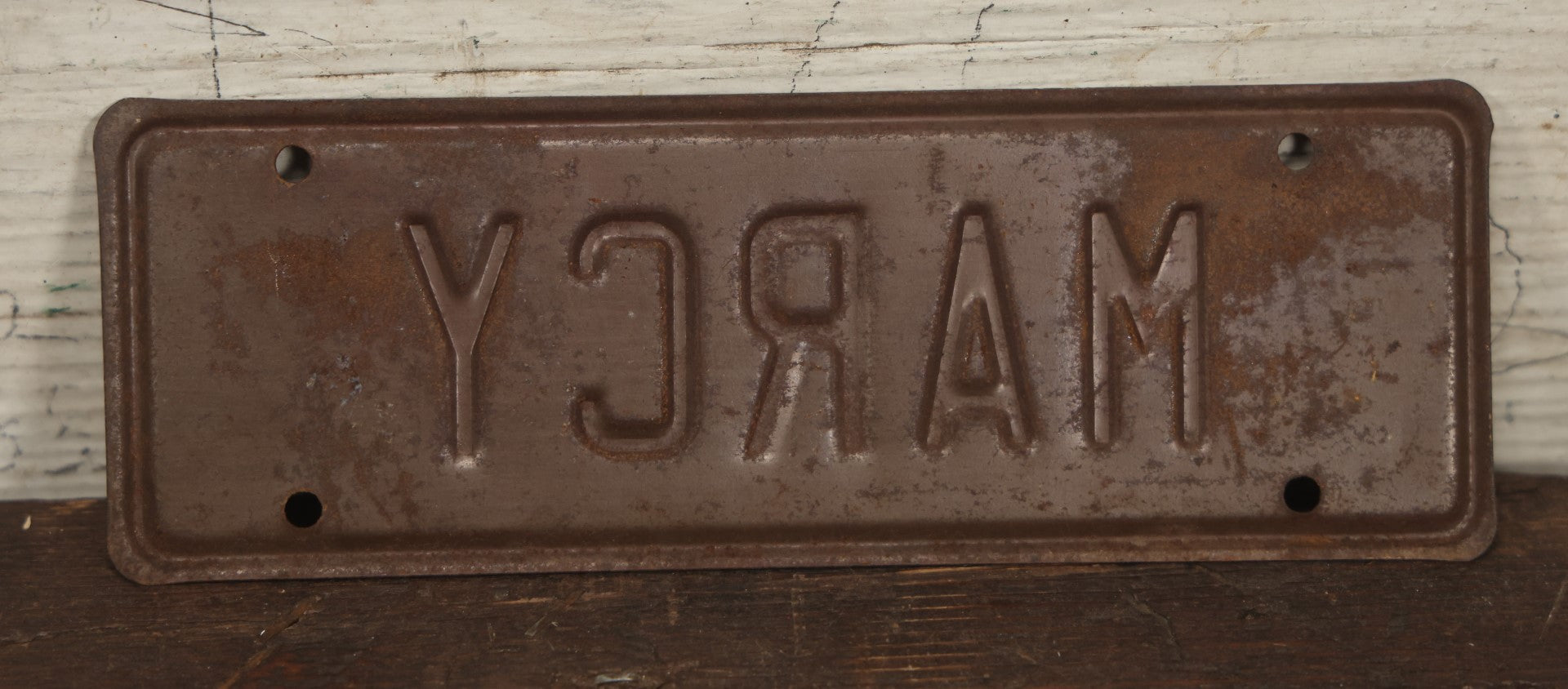 Lot 111 - Vintage Pressed Metal Bicycle License Name Plate "Marcy" In Red With With White Lettering, White Diamonds