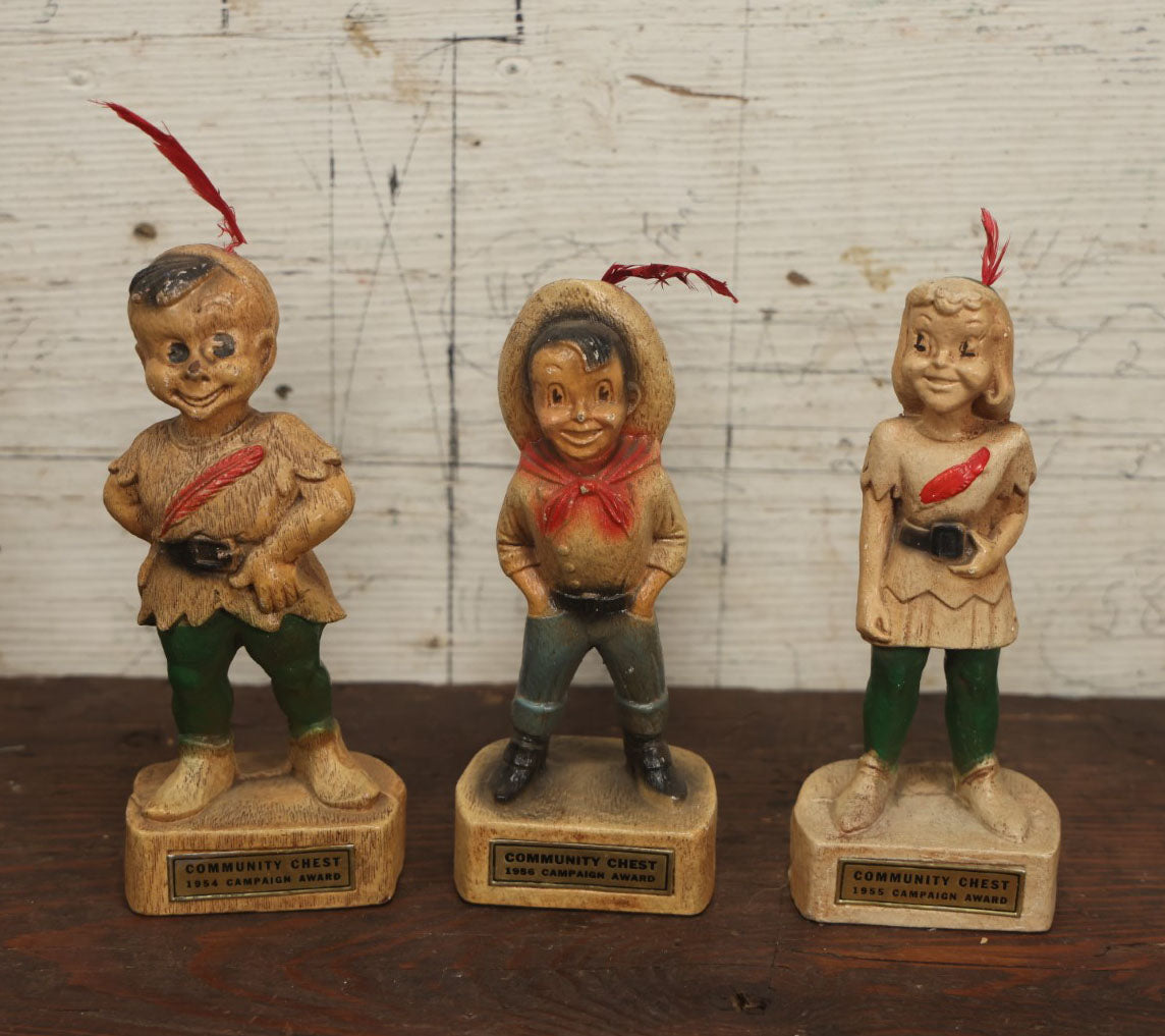 Lot 112 - Grouping Of Three Vintage Syroco-Like Composite Wood Community Chest Campaign Award Statues, "Cowboys And Indians" Themed, Copyright 1950 By Multi-Products Inc.