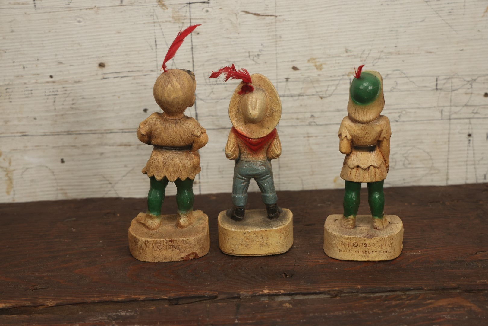 Lot 112 - Grouping Of Three Vintage Syroco-Like Composite Wood Community Chest Campaign Award Statues, "Cowboys And Indians" Themed, Copyright 1950 By Multi-Products Inc.