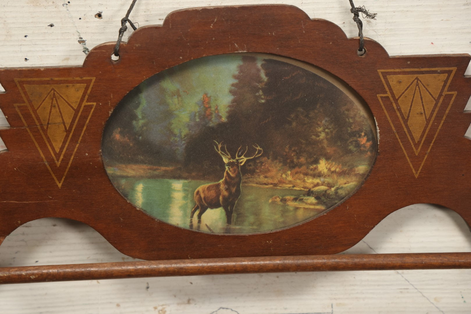 Lot 114 - Antique Art Deco Wooden Wall Hanging Tie Or Hand Towel Rack With Elk In River Scene, Note Loss To Veneer