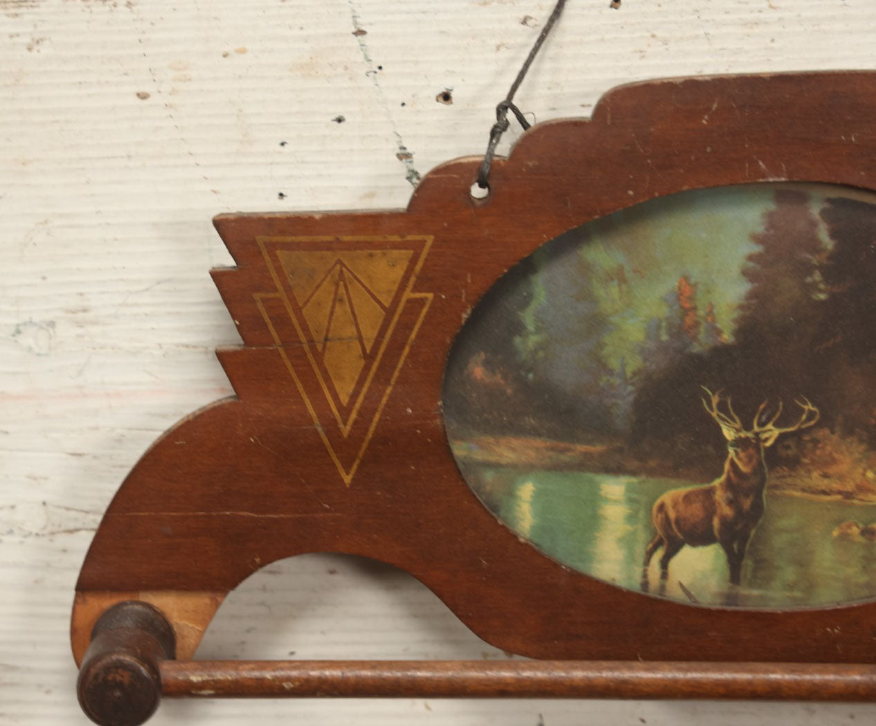 Lot 114 - Antique Art Deco Wooden Wall Hanging Tie Or Hand Towel Rack With Elk In River Scene, Note Loss To Veneer