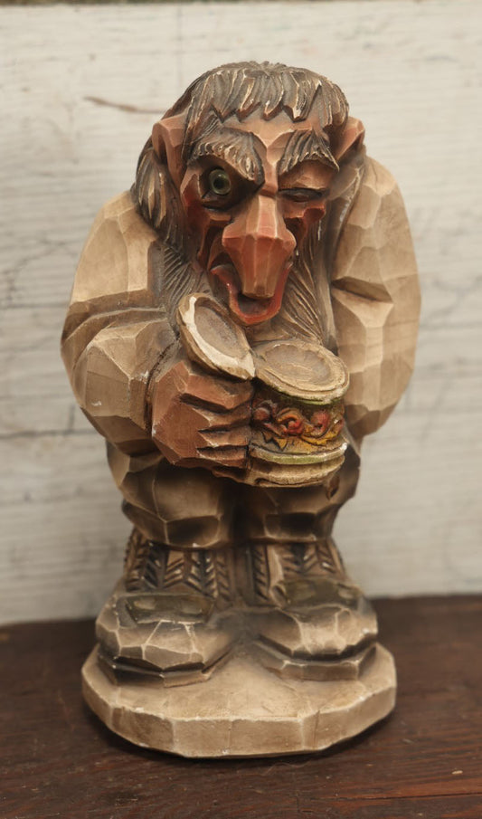 Lot 115 - Vintage Norwegian Ceramic Faux-Wood Carved Troll Figure, Circa 1950s, Norway, Figur Kunst Hauketo, Holding Beer Stein