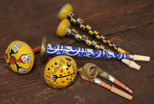 Lot 116 - Grouping Of Five Vintage And Antique Tin Lithograph Noise Makers With Clowns And More, Kirchhof Marking On Two, Made In U.S.A., Tin Horns Work, With Bonus Non-Working Paper Blowers