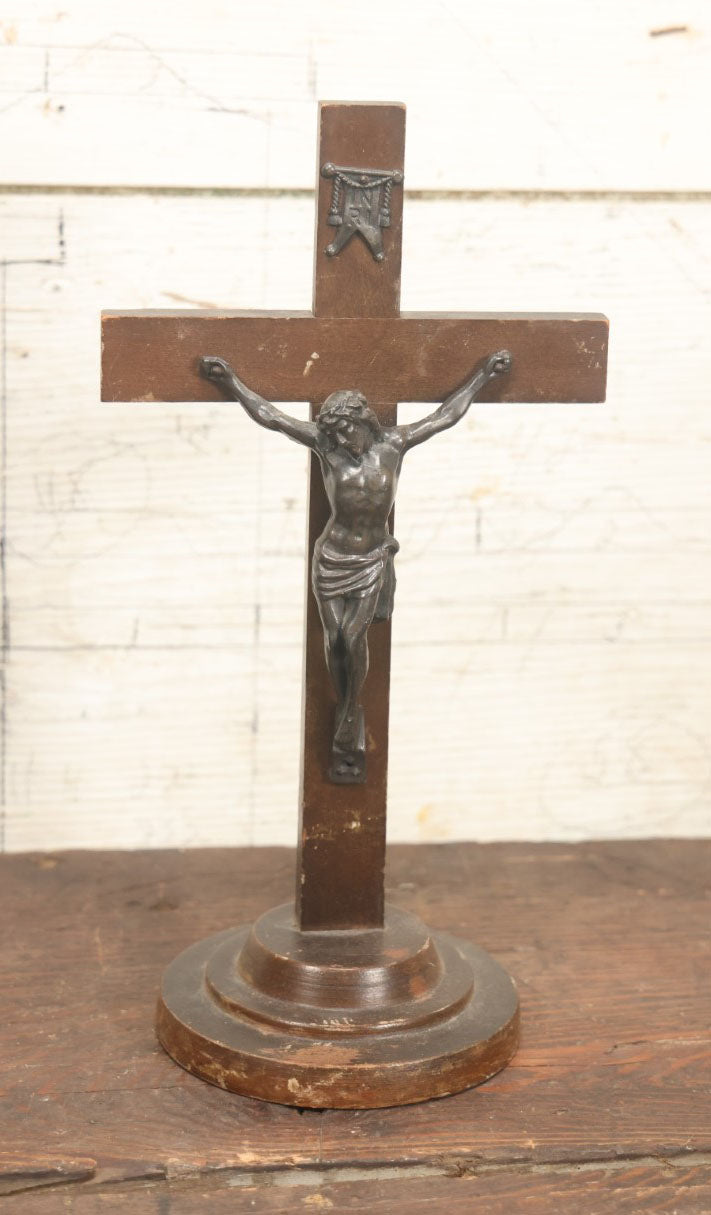 Lot 117 - Vintage Wooden Cross Crucifix With Metal Jesus Figure On Free Standing Circular Base With I.N.R.I. Banner