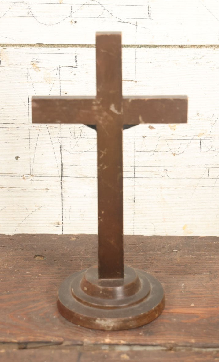 Lot 117 - Vintage Wooden Cross Crucifix With Metal Jesus Figure On Free Standing Circular Base With I.N.R.I. Banner