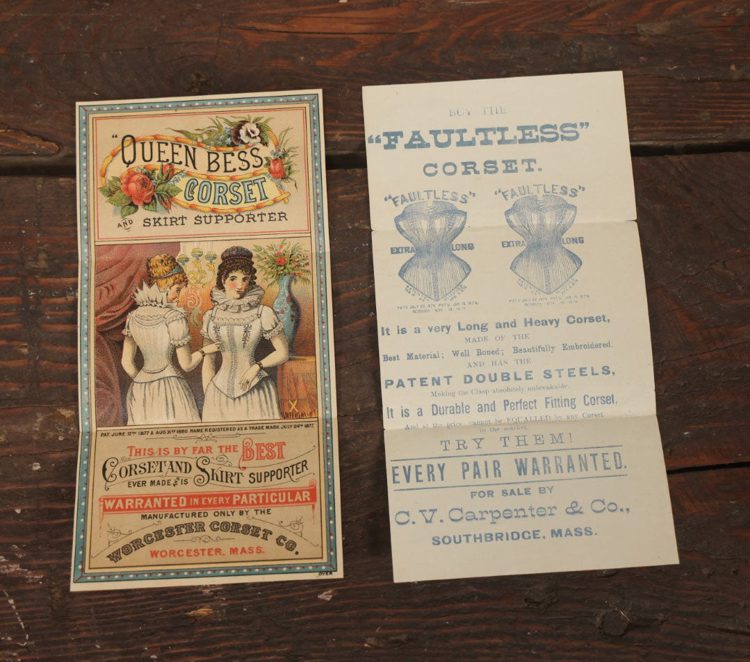 Lot 118 - Pair Of Antique Folded Corset Advertisements, Queen Bess Corset From Worcester Corset Company, Massachusetts, And The Faultless Corset From C.V. Carpenter Co. Southbridge, Massachusetts