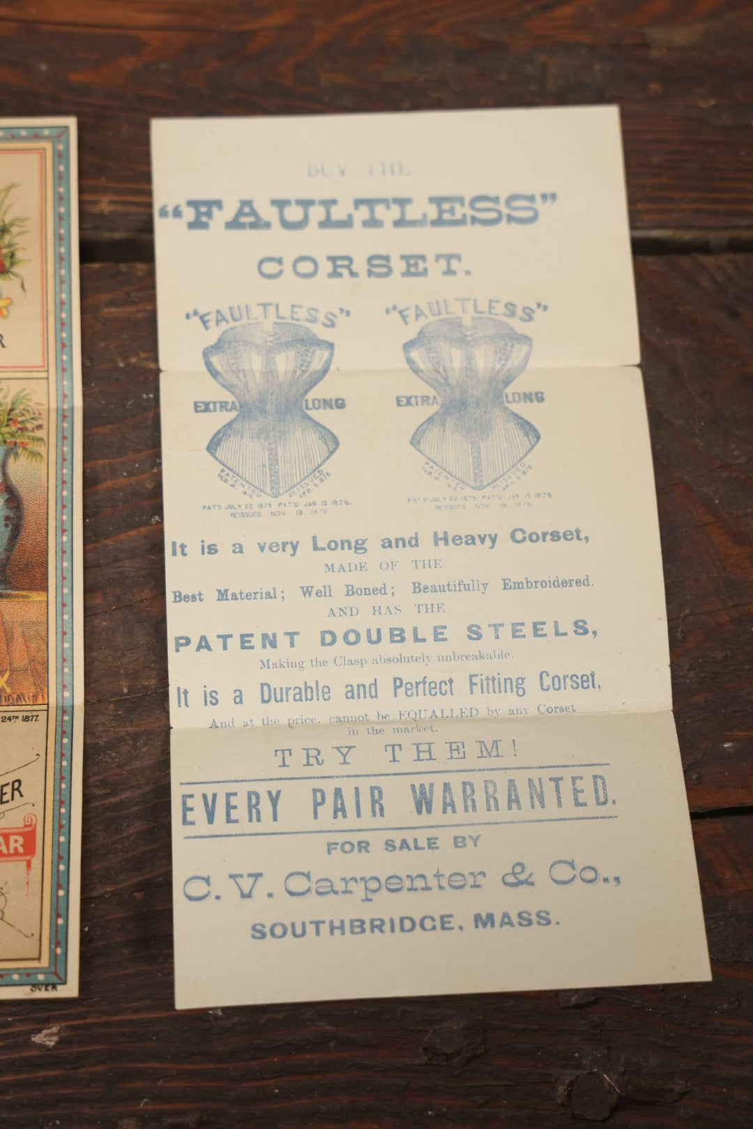 Lot 118 - Pair Of Antique Folded Corset Advertisements, Queen Bess Corset From Worcester Corset Company, Massachusetts, And The Faultless Corset From C.V. Carpenter Co. Southbridge, Massachusetts