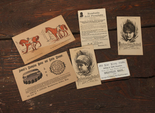 Lot 119 - Grouping Of Six Antique Trade Cards Advertising Jewett's Champion Horse And Cattle Cleaner, Livery Stable In Millville, Massachusetts, New Home Sewing Machine, And Horsford's Acid Phosphate