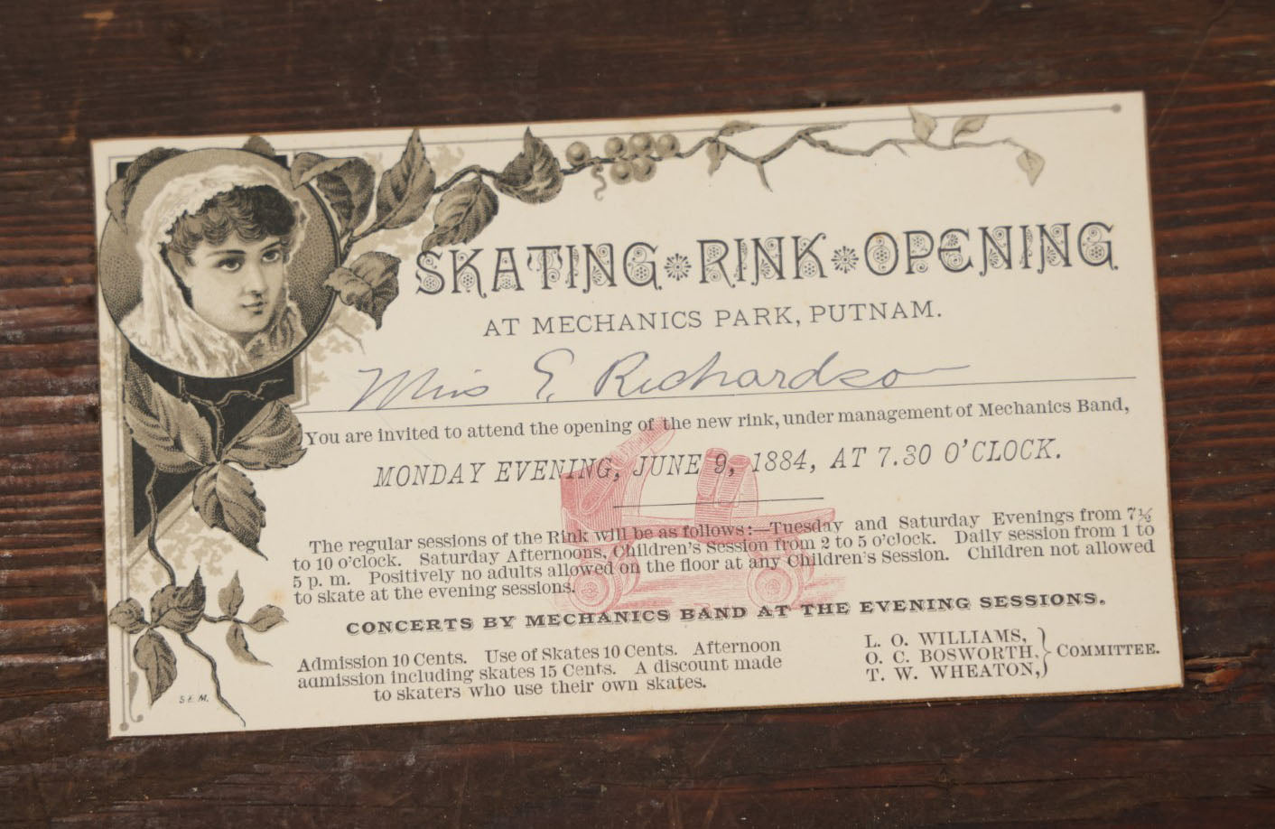 Lot 120 - Single, Single-Sided Antique Trade Card Advertising A Skating Rink Opening At Mechanics Park, Putnam, Connecticut, June 1884