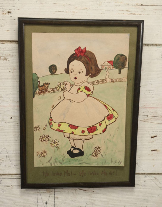 Lot 122 - Framed Vintage Watercolor Painting Of A Little Girl On A Farm Picking Petals Off A Daisy, "He Loves Me, He Loves Me Not", No Glass In Frame