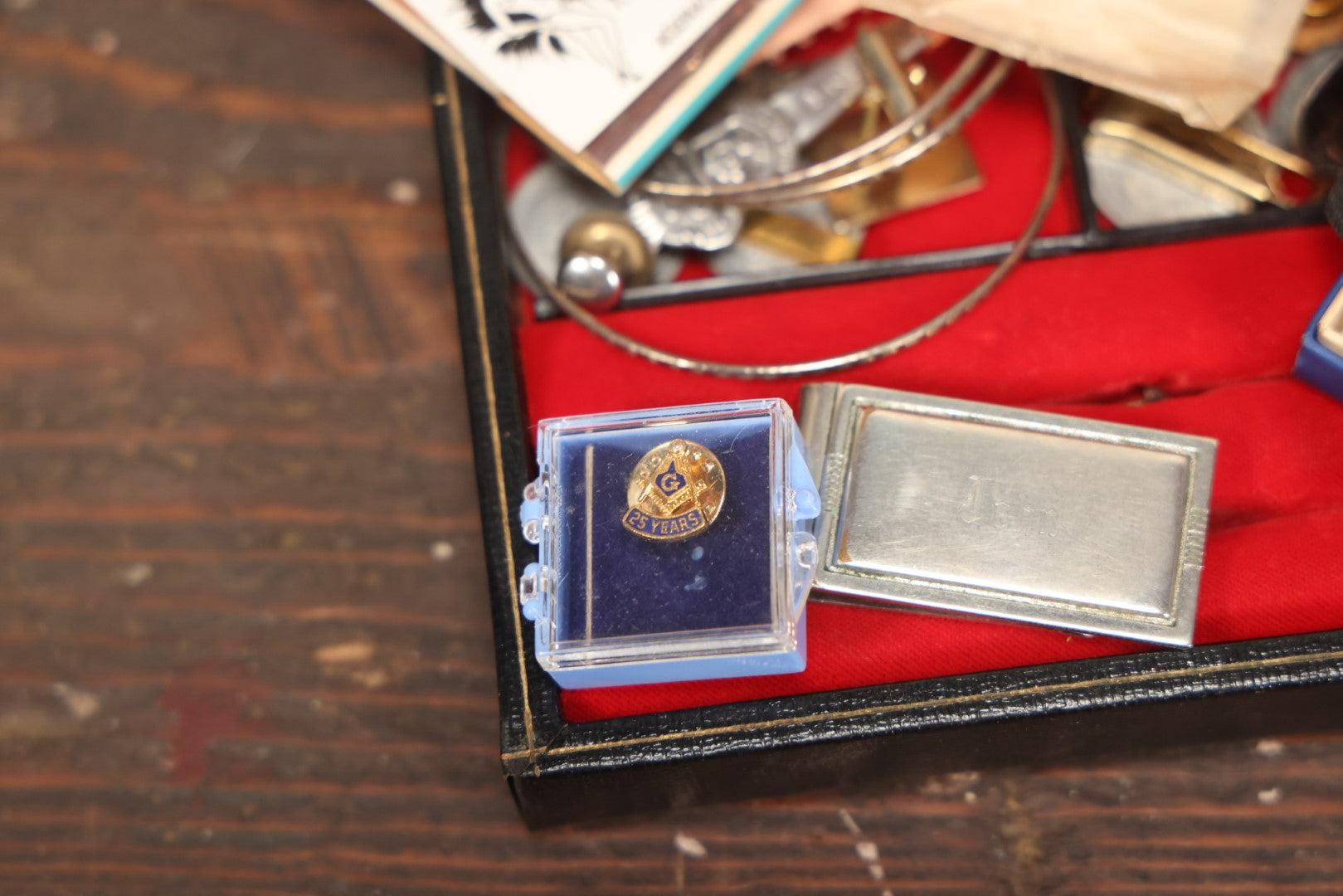 Lot 123 - Small Box Lot Grouping Of Various Mens Odds And Ends Including Jewelry, Tie Clip, Whistle, Nudie Cabaret Match Book, New England Power Association Pins, Labor Pins, Rolex Spoon, Etc