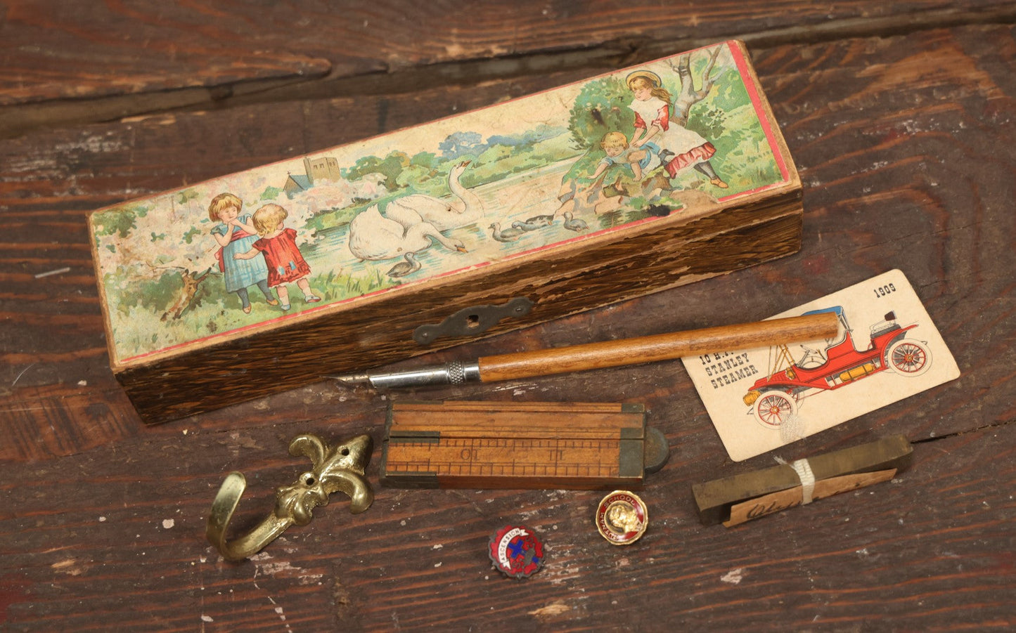 Lot 124 - Small Trinket Box Lot Grouping Including Antique Wood Pencil Box With Fairy Tale Scene, Fold Out Ruler, Wooden Pen, Pins, And More