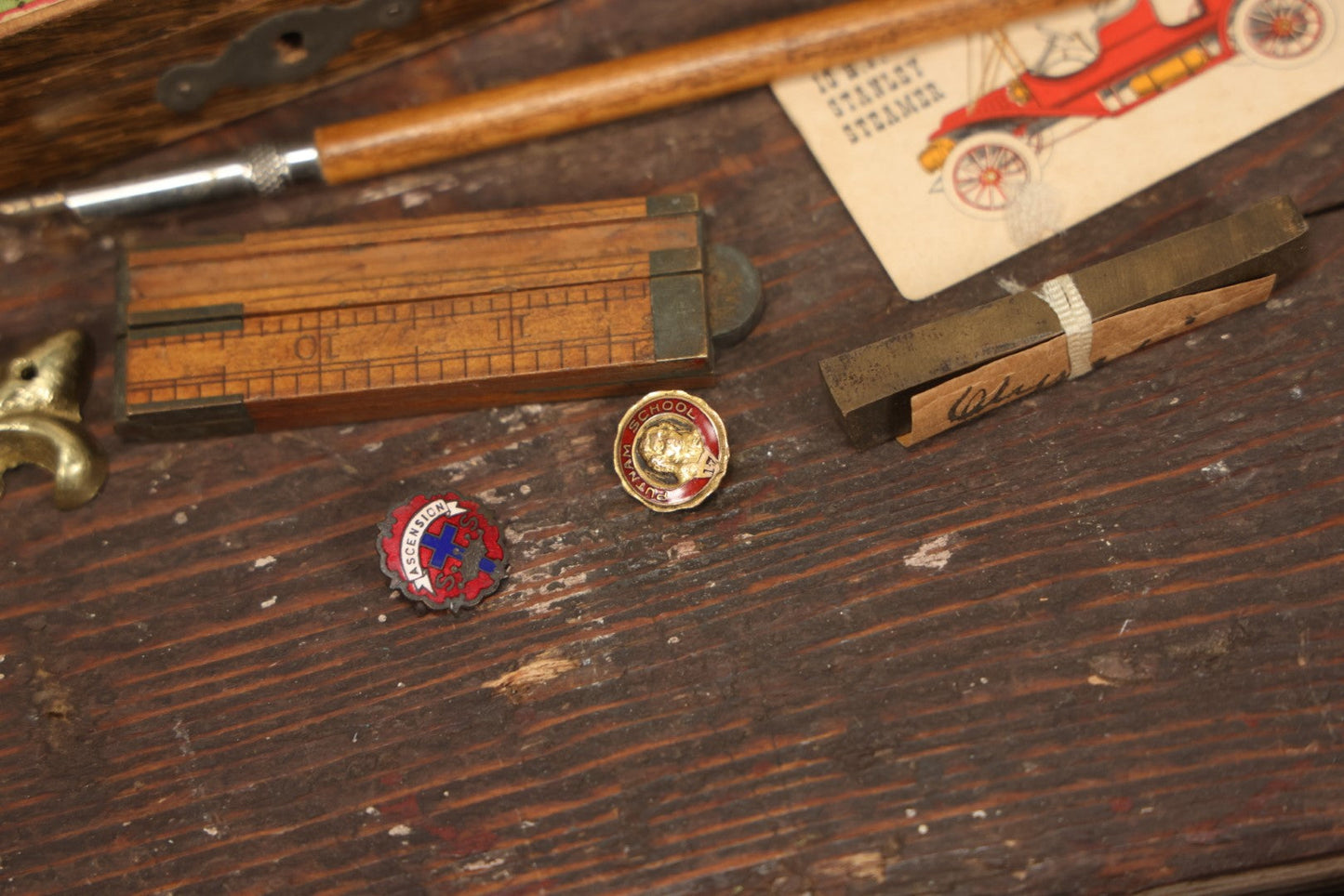 Lot 124 - Small Trinket Box Lot Grouping Including Antique Wood Pencil Box With Fairy Tale Scene, Fold Out Ruler, Wooden Pen, Pins, And More