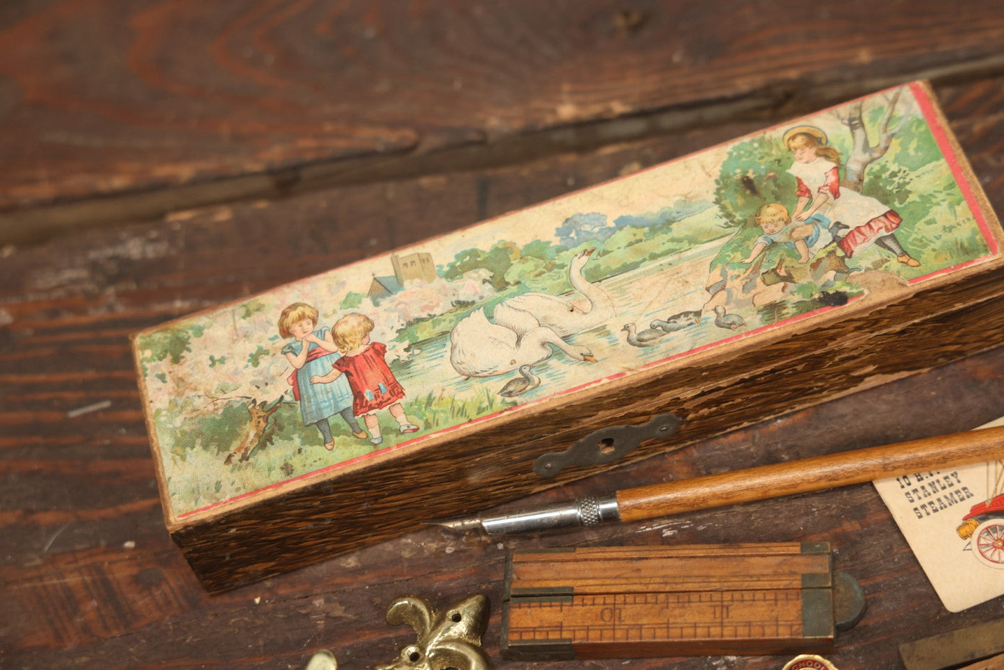 Lot 124 - Small Trinket Box Lot Grouping Including Antique Wood Pencil Box With Fairy Tale Scene, Fold Out Ruler, Wooden Pen, Pins, And More