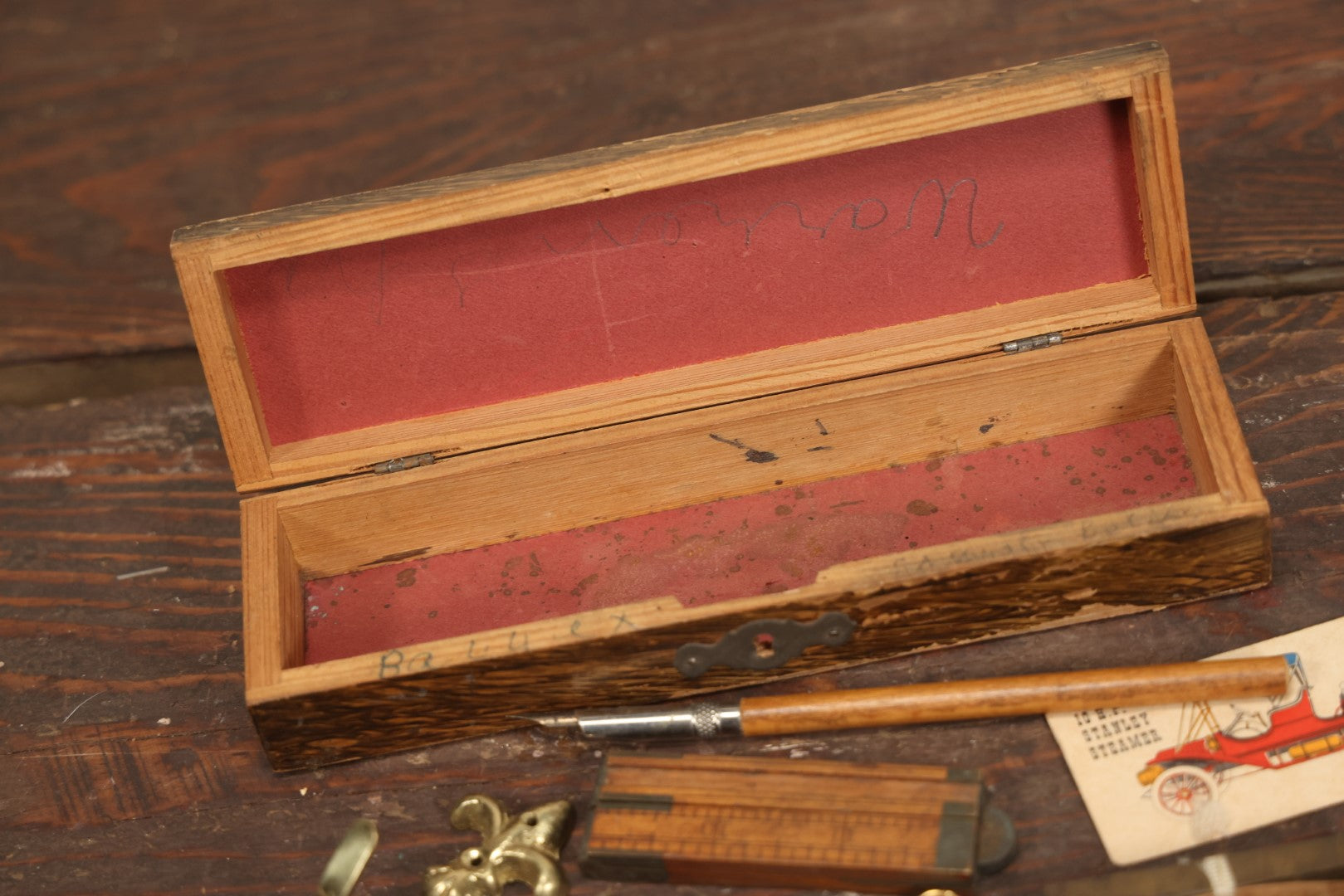 Lot 124 - Small Trinket Box Lot Grouping Including Antique Wood Pencil Box With Fairy Tale Scene, Fold Out Ruler, Wooden Pen, Pins, And More