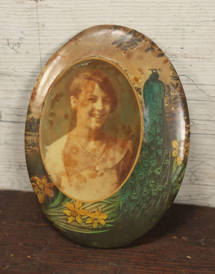 Lot 125 - Antique Photo Button With Image Of Smiling Young Woman, With Peacock Motif, No Kickstand, Note Heavy Wear