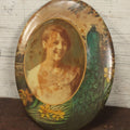 Lot 125 - Antique Photo Button With Image Of Smiling Young Woman, With Peacock Motif, No Kickstand, Note Heavy Wear