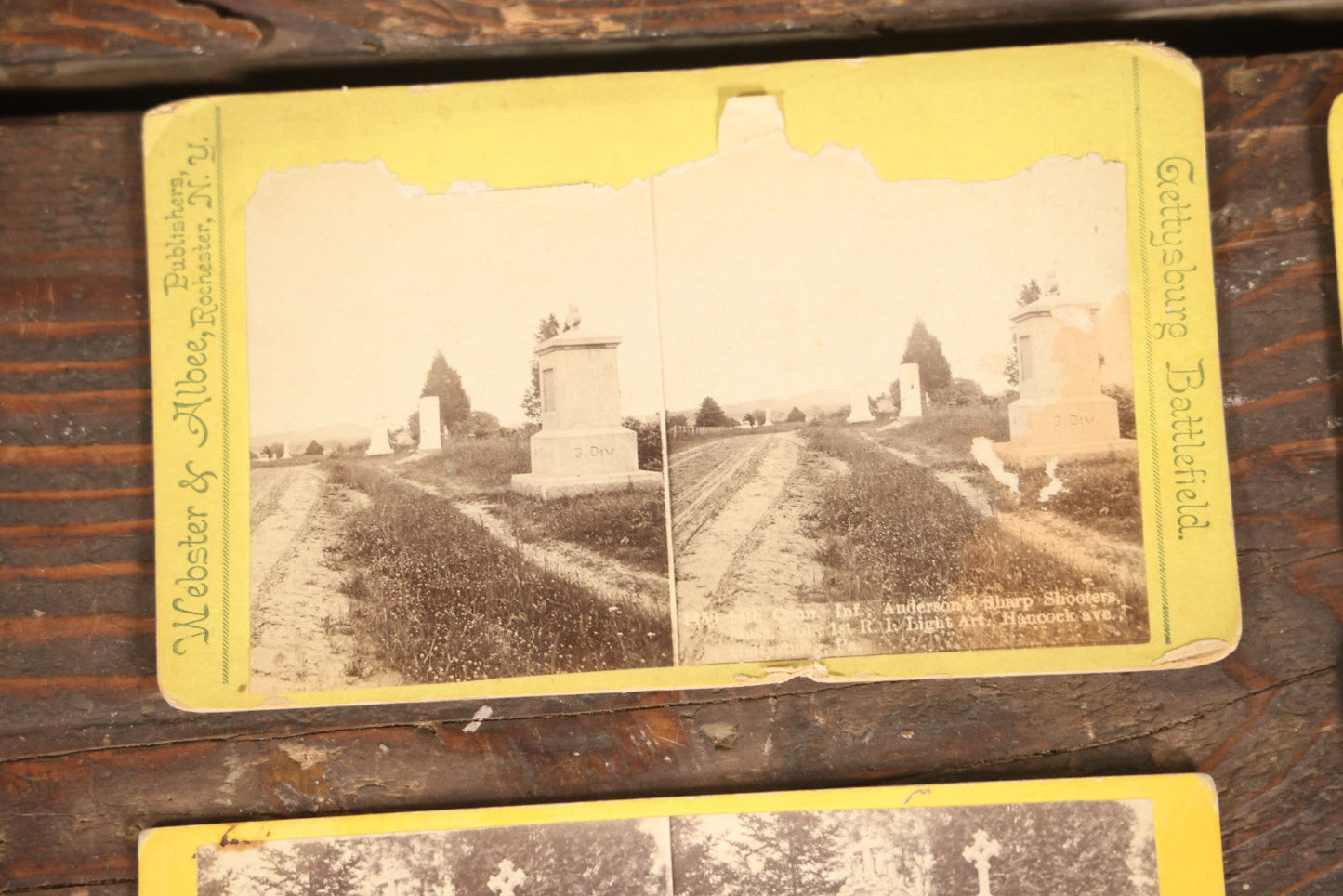 Lot 129 - Grouping Of Six Stereo View Cards Showing Various Cemeteries, Including Gettysburg Battlefield (Note Losses To This Card), Memorial Hall Service, And More