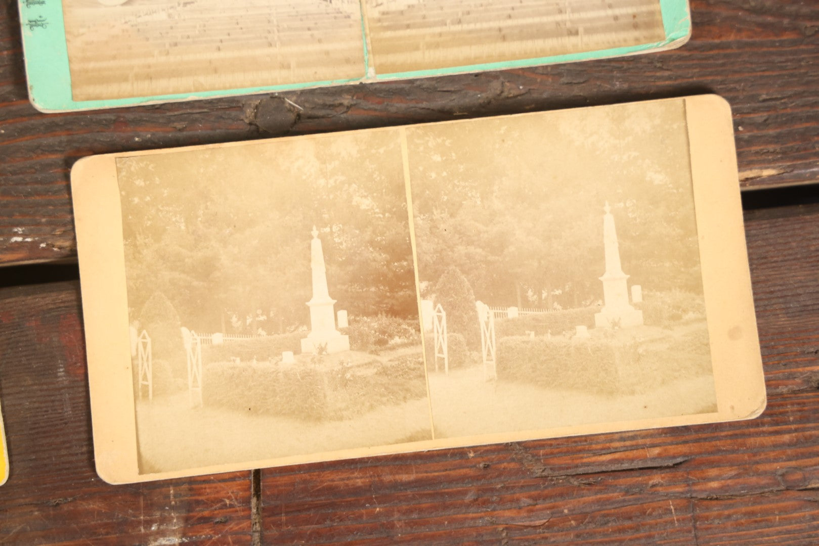 Lot 129 - Grouping Of Six Stereo View Cards Showing Various Cemeteries, Including Gettysburg Battlefield (Note Losses To This Card), Memorial Hall Service, And More