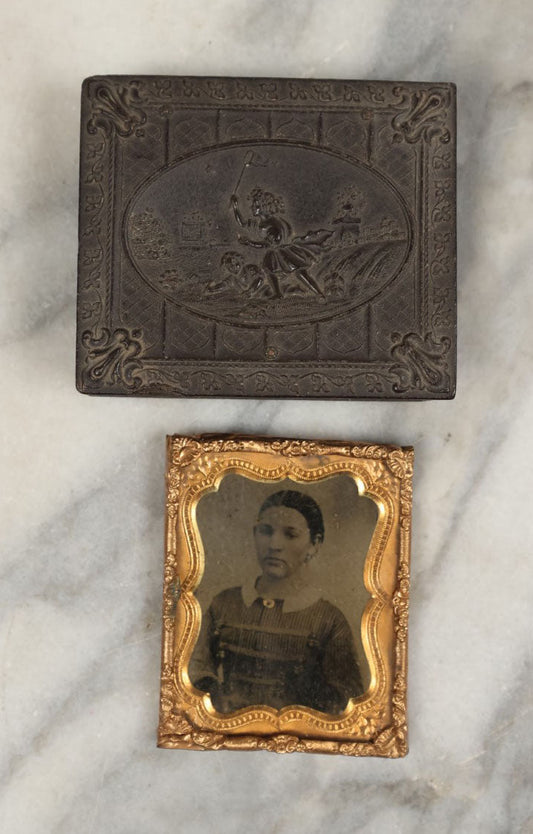 Lot 002 - Antique Union Case Thermoplastic Gutta Percha 1/9th Plate Hard Image Case With Children Catching Insects, By Littlefield, Parsons, And Co., Manufacturers, With Tintype Of Woman