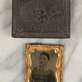 Lot 002 - Antique Union Case Thermoplastic Gutta Percha 1/9th Plate Hard Image Case With Children Catching Insects, By Littlefield, Parsons, And Co., Manufacturers, With Tintype Of Woman