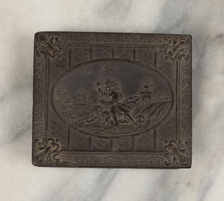 Lot 002 - Antique Union Case Thermoplastic Gutta Percha 1/9th Plate Hard Image Case With Children Catching Insects, By Littlefield, Parsons, And Co., Manufacturers, With Tintype Of Woman