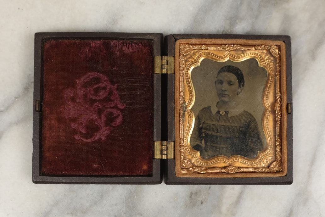 Lot 002 - Antique Union Case Thermoplastic Gutta Percha 1/9th Plate Hard Image Case With Children Catching Insects, By Littlefield, Parsons, And Co., Manufacturers, With Tintype Of Woman