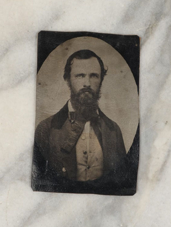 Lot 005 - Antique 1/9th Plate Pannotype Photograph Of Bearded Man, Early Photograph On Leather