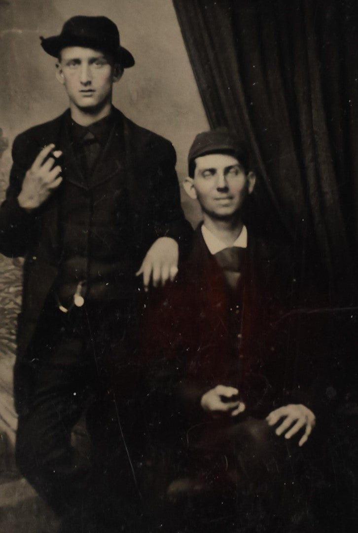 Lot 010 - Antique Tintype Photo Of Two Darkly Dressed Young Men In Hats Smoking Cigars