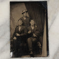 Lot 011 - Antique Tintype Photo Of Three Young Men, One In Fedora, Another Holding A Bowler Cap, Smoking
