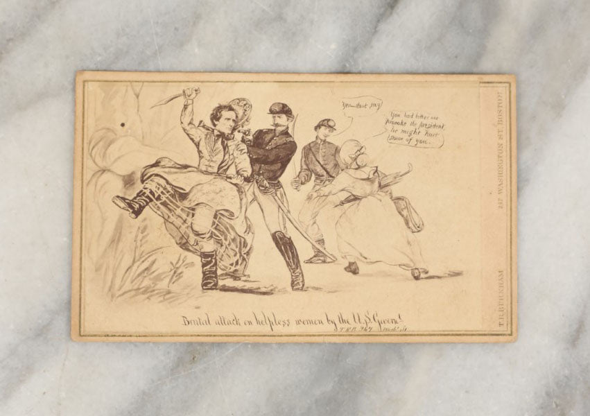 Lot 013 - Antique Carte De Visite C.D.V. Illustrated Album Filler Card, Civil War Era Political Cartoon, "Brutal Attack On Helpless Women By The U.S. Government," Published By T.R. Burnham, Photographer, Boston