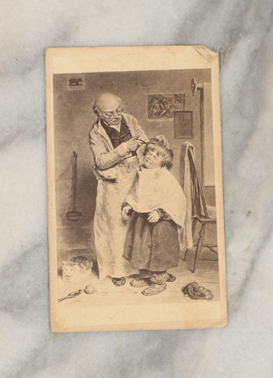 Lot 014 - Antique Carte De Visite C.D.B. Illustrated Album Filler Card, Hairdresser With Unwilling Boy, With Cat On Floor