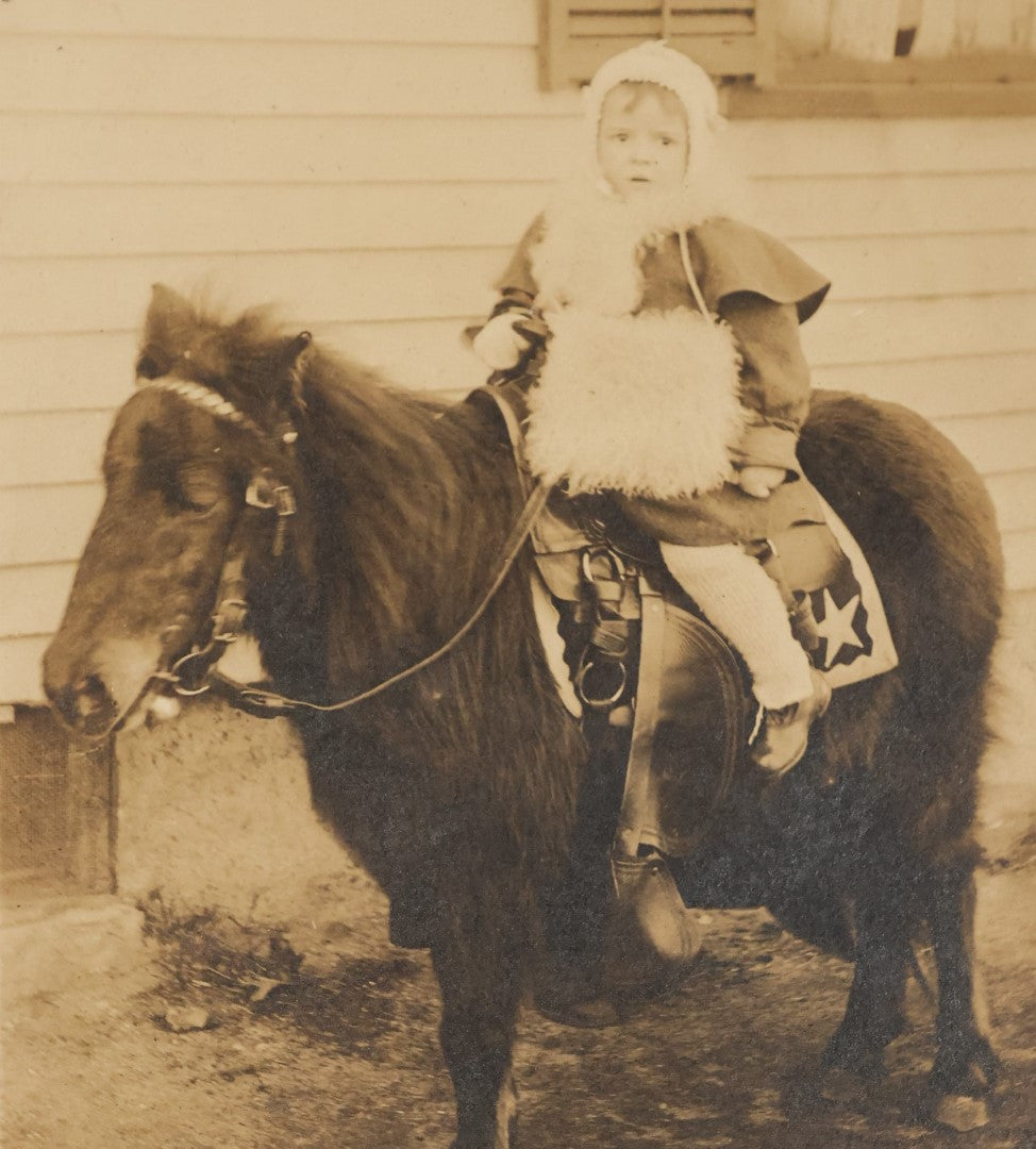 Lot 021 - Grouping Of Four Identical Vintage Boarded Photographs Of A Toddler Riding On The Back Of A Long-Haired Pony 