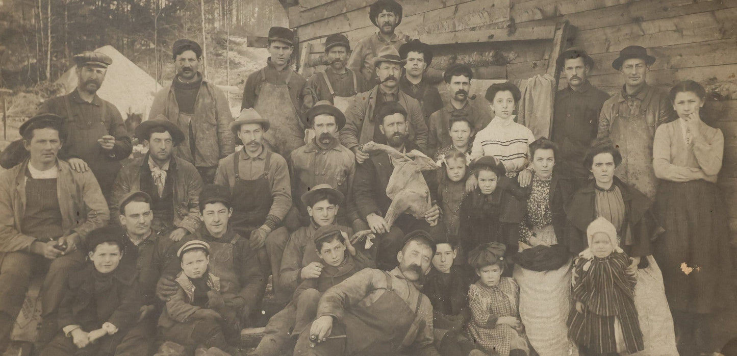 Lot 023 - Antique Boarded Occupational Photograph Of A Group Of Gruff Looking Laborers And Their Families, Likely On Thanksgiving, Note Men Displaying Turkey