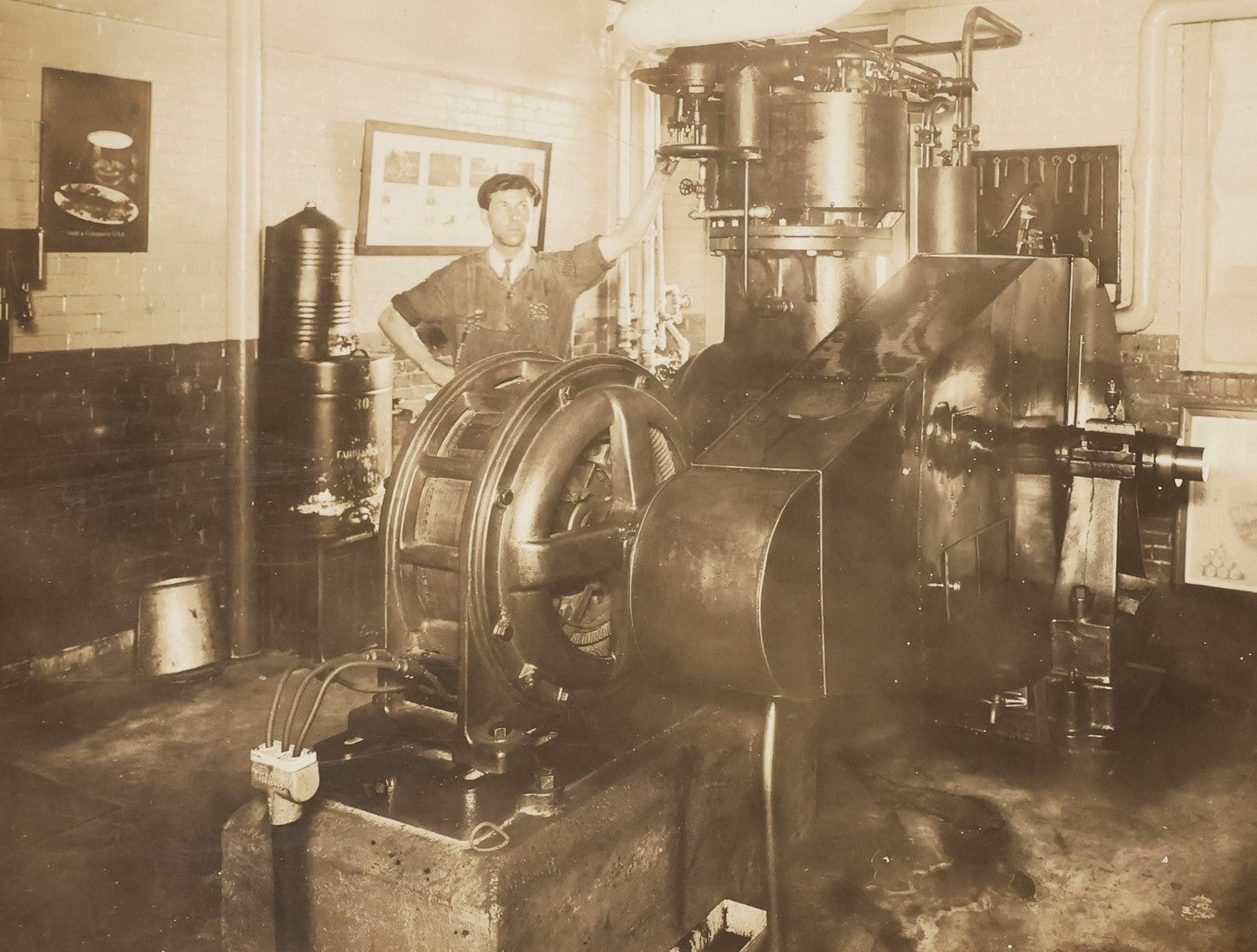 Lot 027 - Antique Boarded Occupational Photograph Of A Man With A Large Piece Of Machinery, Unknown Apparatus, Possible Generator