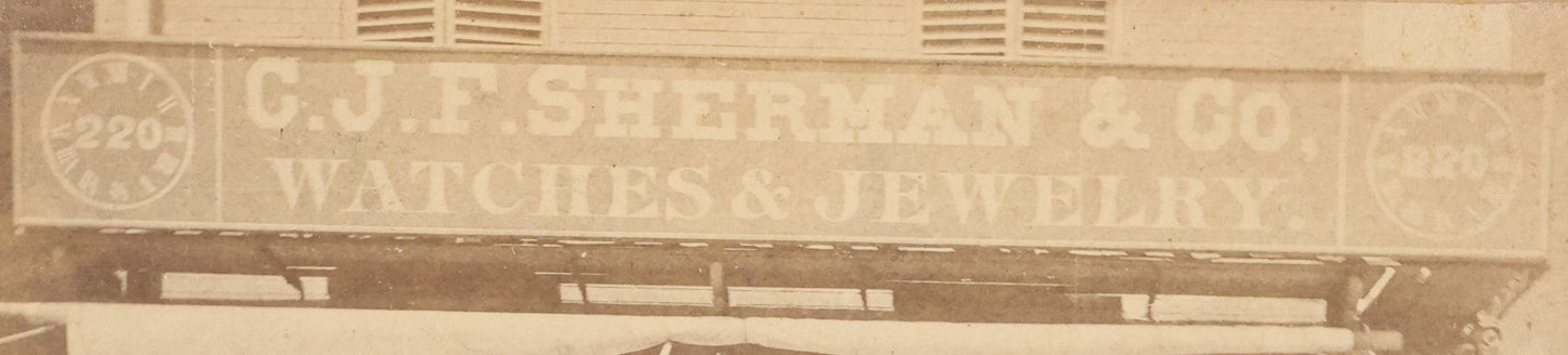 Lot 028 - Antique Cabinet Card Occupational Photograph Of C.J.F. Sherman & Co., Watches And Jewelry, With Men Outside, Note Optometrist Glasses Sign In Window, By Rand & Gould, Photographers, Boston