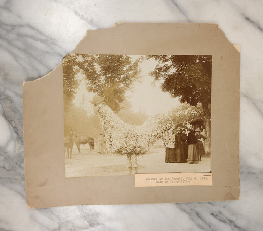 Lot 032 - Antique Boarded Photograph Of A Parade Costume, Giant Chicken With Sign "I Crow For Gov. Shattuck" Local Political Protest, Dated July 4, 1896, Constructed By Harry Gilson