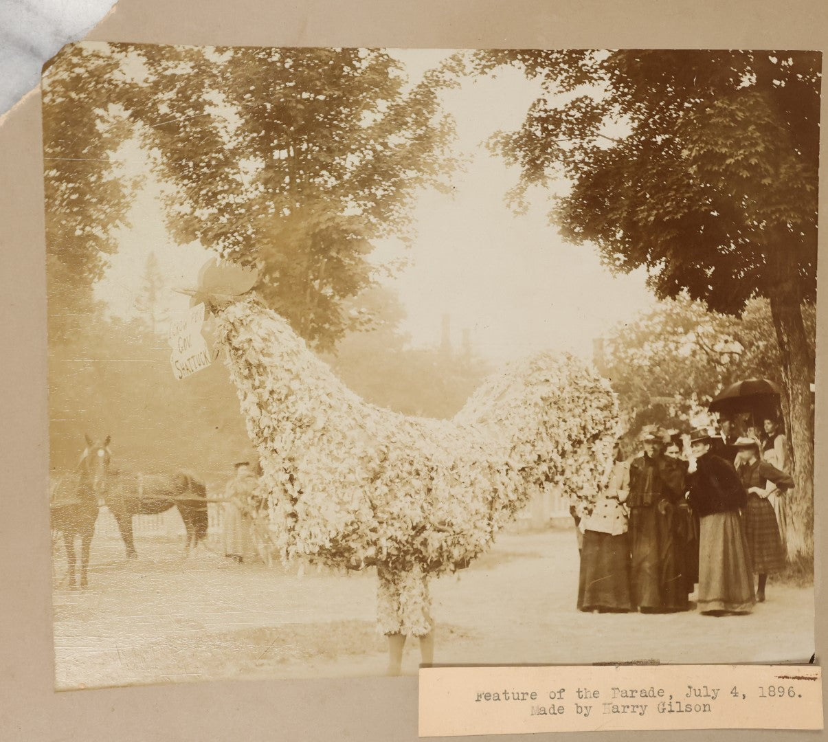 Lot 032 - Antique Boarded Photograph Of A Parade Costume, Giant Chicken With Sign "I Crow For Gov. Shattuck" Local Political Protest, Dated July 4, 1896, Constructed By Harry Gilson