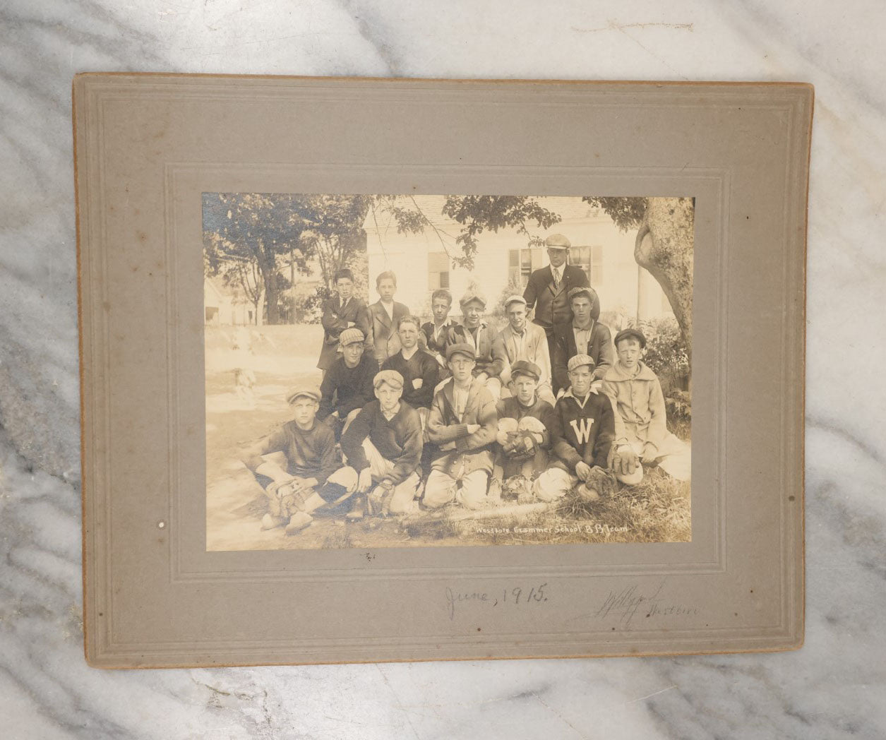 Lot 033 - Antique Boarded Photograph Of The Westboro Grammar School Boys Baseball Team, Dated June 1915 