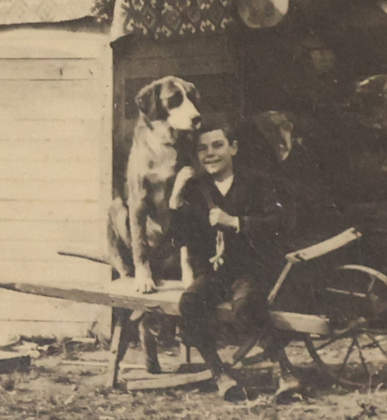 Lot 037 - Antique Boarded Photograph Of The Homestead Of Andrew Young, Kalispell, Montana, With Root Cellar And Chicken Tent, Dog In Photo, Dated September 12, 1897