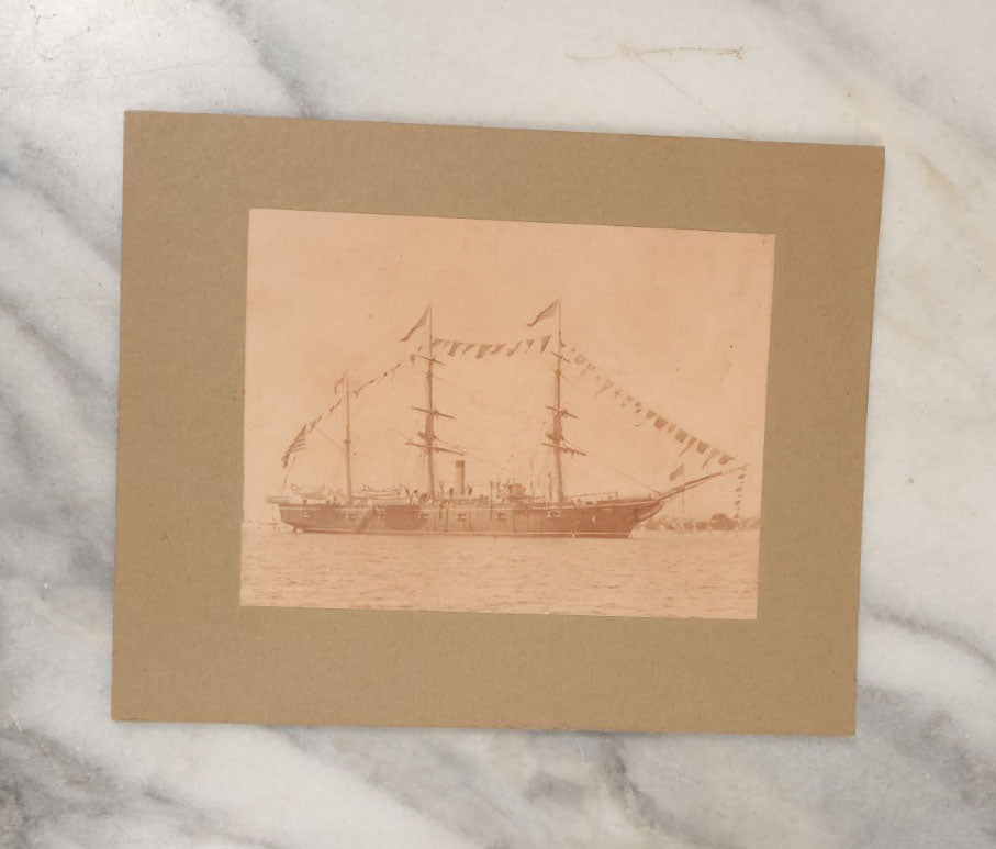 Lot 040 - Grouping Of Three Antique Boarded Photos Of Maritime Scenes, Including "Tom Cat" Boat, The U.S.S. Hartford, Circa 1875, Gloucester, Massachusetts, And A Dock / Pier