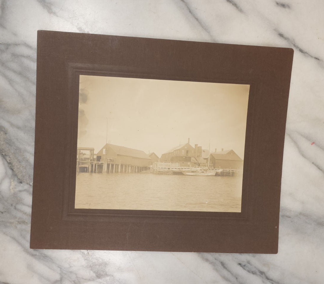 Lot 040 - Grouping Of Three Antique Boarded Photos Of Maritime Scenes, Including "Tom Cat" Boat, The U.S.S. Hartford, Circa 1875, Gloucester, Massachusetts, And A Dock / Pier