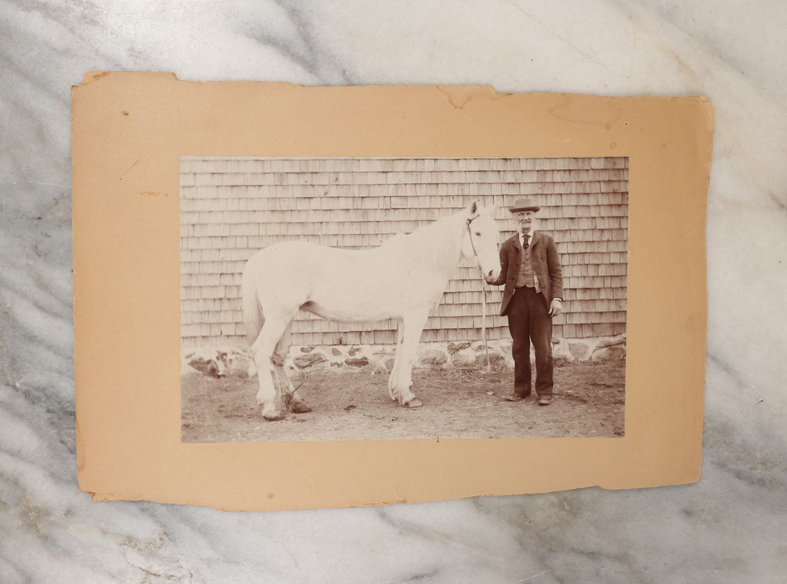 Lot 042 - Grouping Of Five Antique Boarded Photos Of People And Their Horses, Including Man And Woman In Carriage, Man With White Horse, And Horses Loading Rail Cars