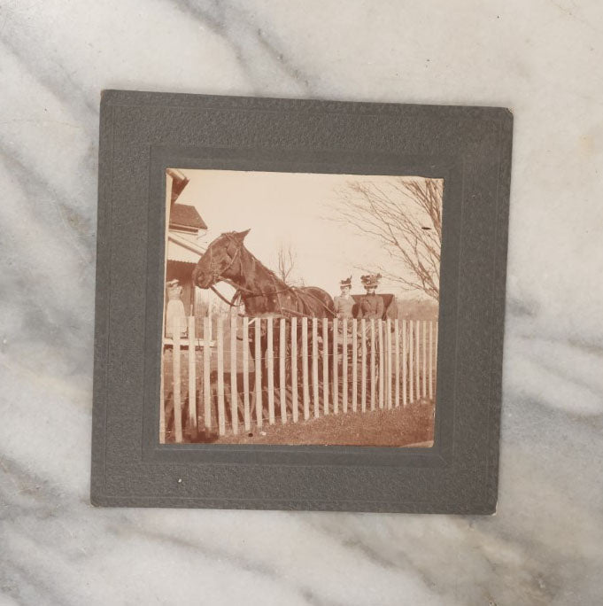 Lot 042 - Grouping Of Five Antique Boarded Photos Of People And Their Horses, Including Man And Woman In Carriage, Man With White Horse, And Horses Loading Rail Cars