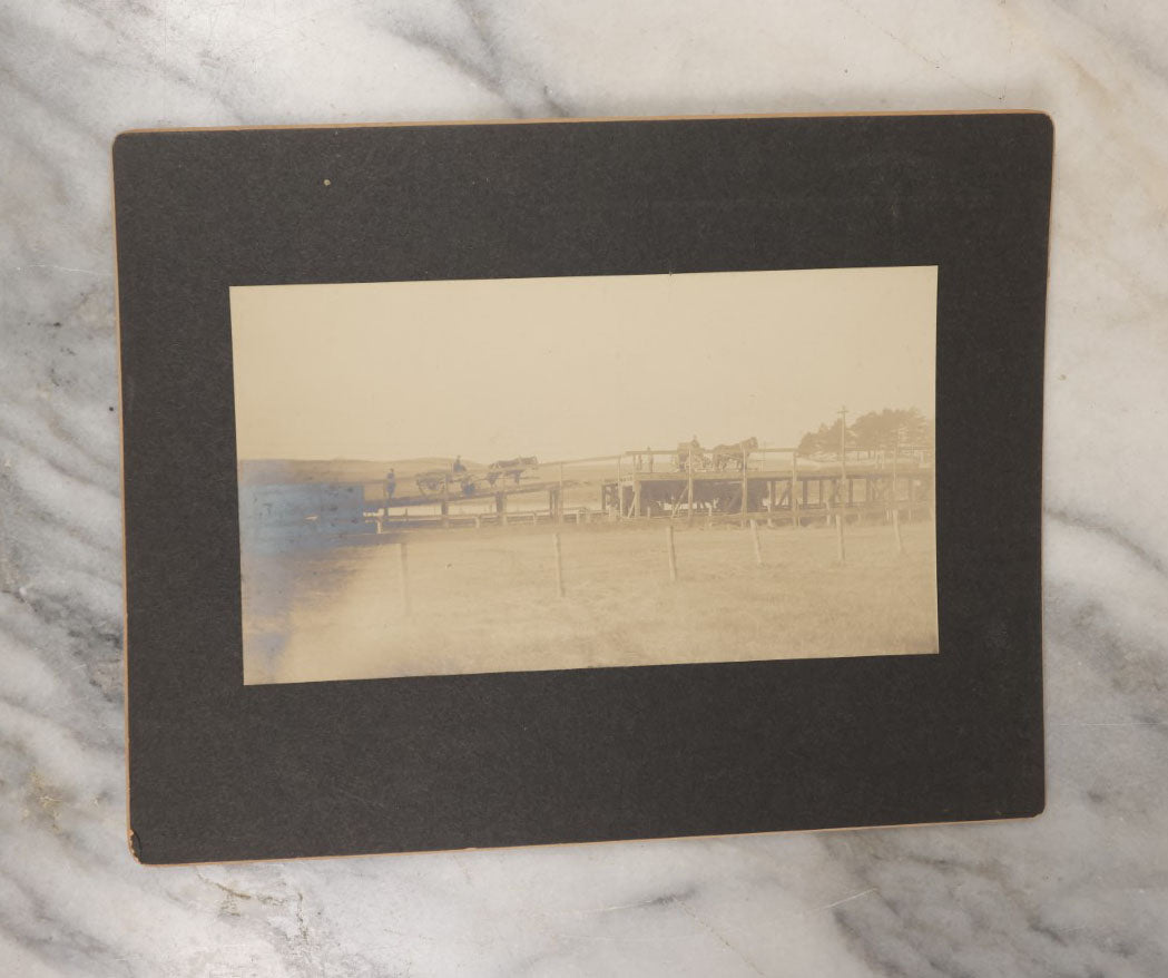 Lot 042 - Grouping Of Five Antique Boarded Photos Of People And Their Horses, Including Man And Woman In Carriage, Man With White Horse, And Horses Loading Rail Cars