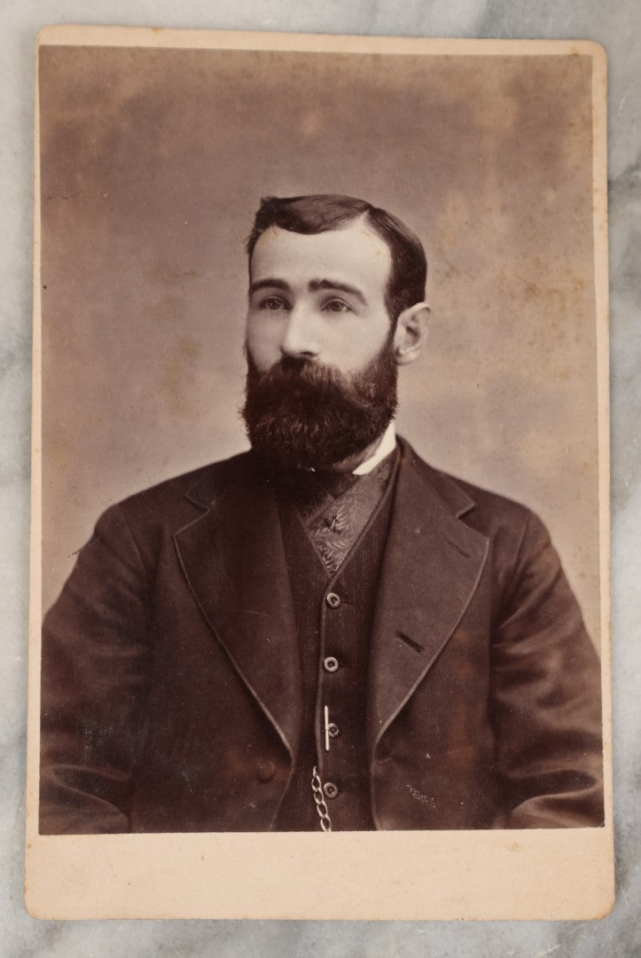 Lot 043 - Grouping Of 15+ Antique Cabinet Card Portrait Photographs Of Men, Women, And Children, Including Strikingly Handsome Man With Dark Beard, And Others, Photographers From Boston, New Hampshire, Etc. 