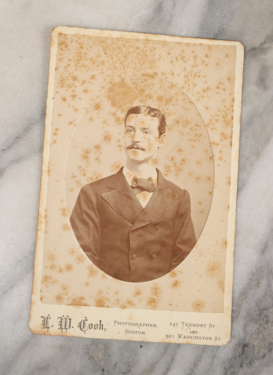 Lot 043 - Grouping Of 15+ Antique Cabinet Card Portrait Photographs Of Men, Women, And Children, Including Strikingly Handsome Man With Dark Beard, And Others, Photographers From Boston, New Hampshire, Etc. 