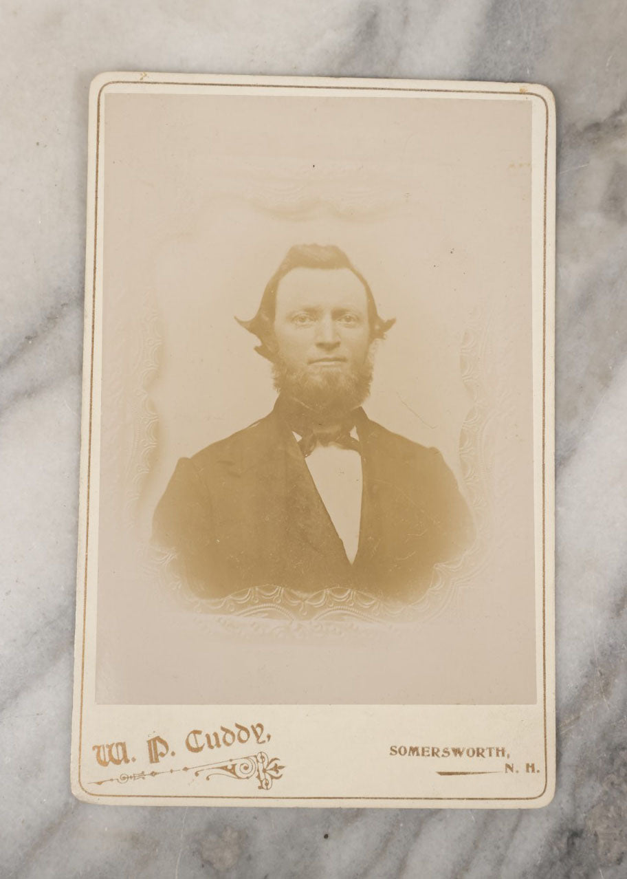 Lot 043 - Grouping Of 15+ Antique Cabinet Card Portrait Photographs Of Men, Women, And Children, Including Strikingly Handsome Man With Dark Beard, And Others, Photographers From Boston, New Hampshire, Etc. 