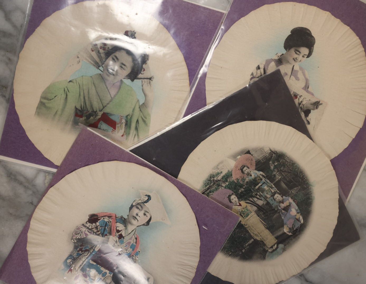 Lot 045 - Grouping Of Four Antique Photo Prints On Paper Of Japanese Women In Colorful Dress, Possibly Geishas